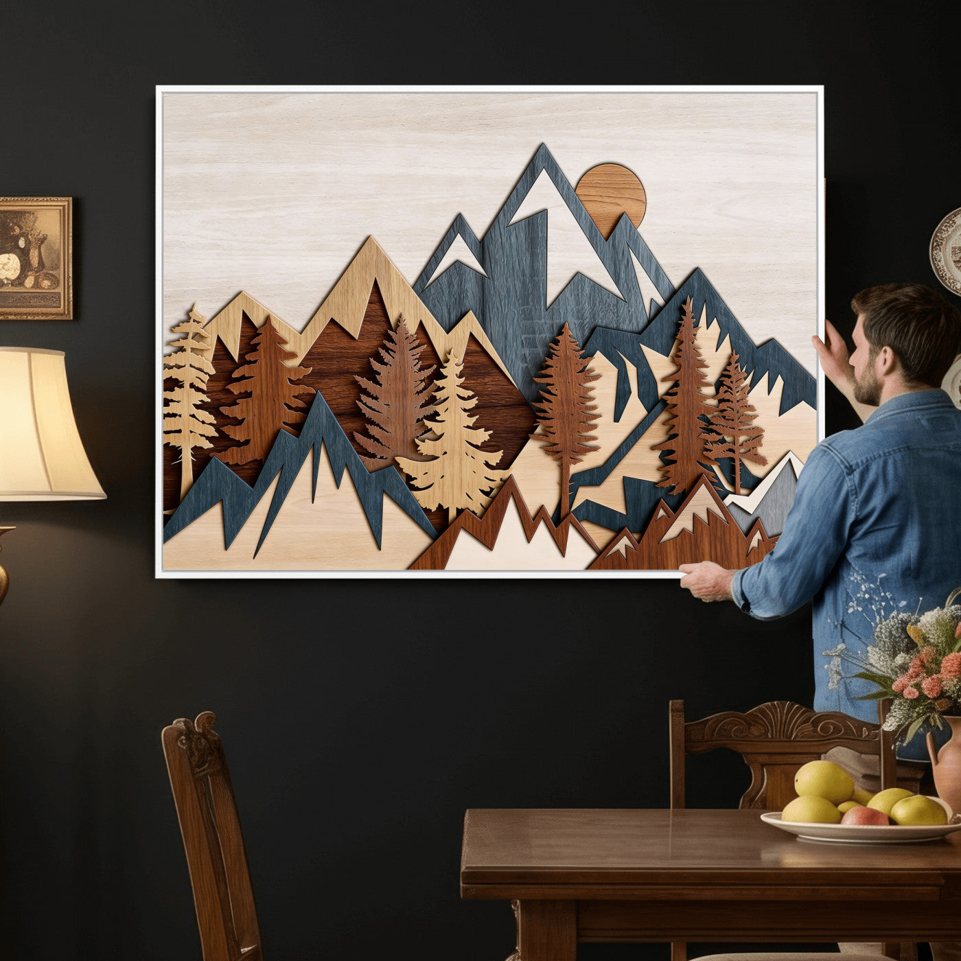 67950-MGV-CV-36X24 - Rustic Abstract Wood Panel Effect Canvas Mountain Range Top Wood Wall Art Canvas Print