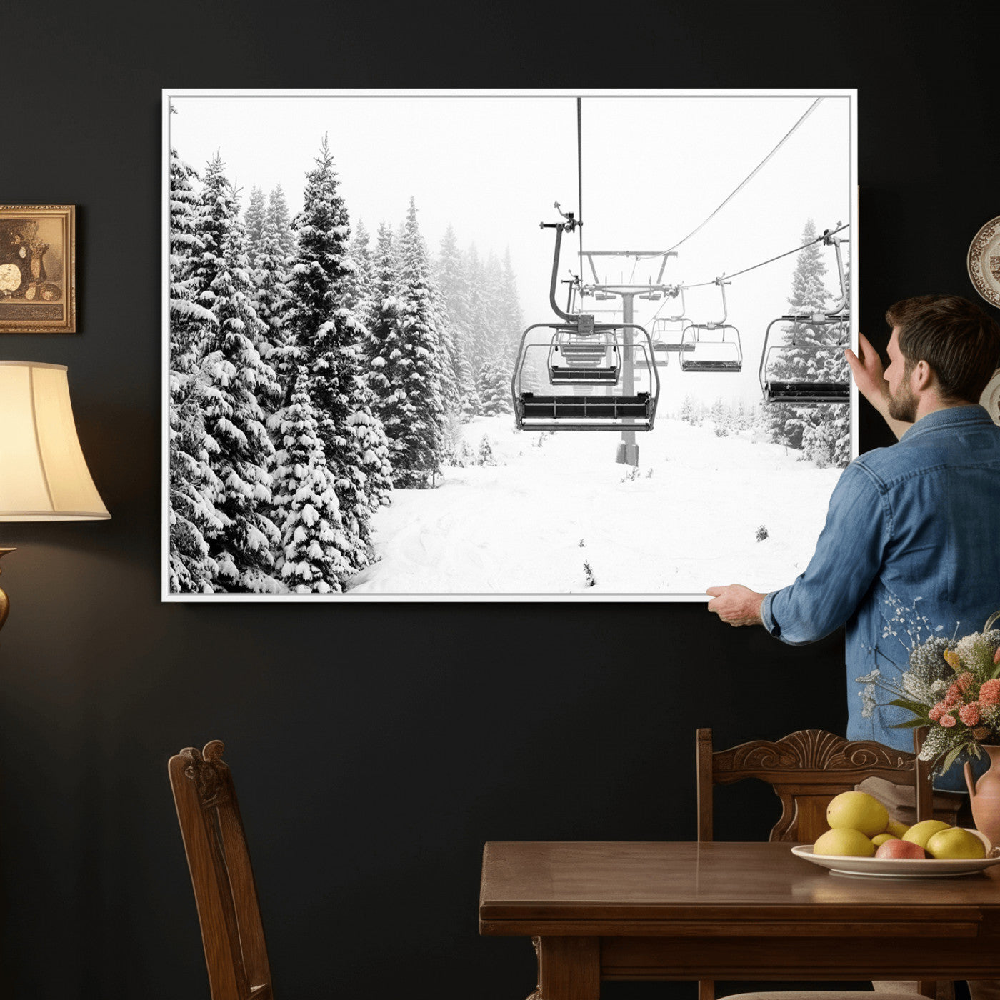 70609-MGV-CV-36X24 - Ski Wall Art - Ski Lift Wall Art Canvas Print Snow Covered Spruce Trees Winter Wall Art Ski Skier