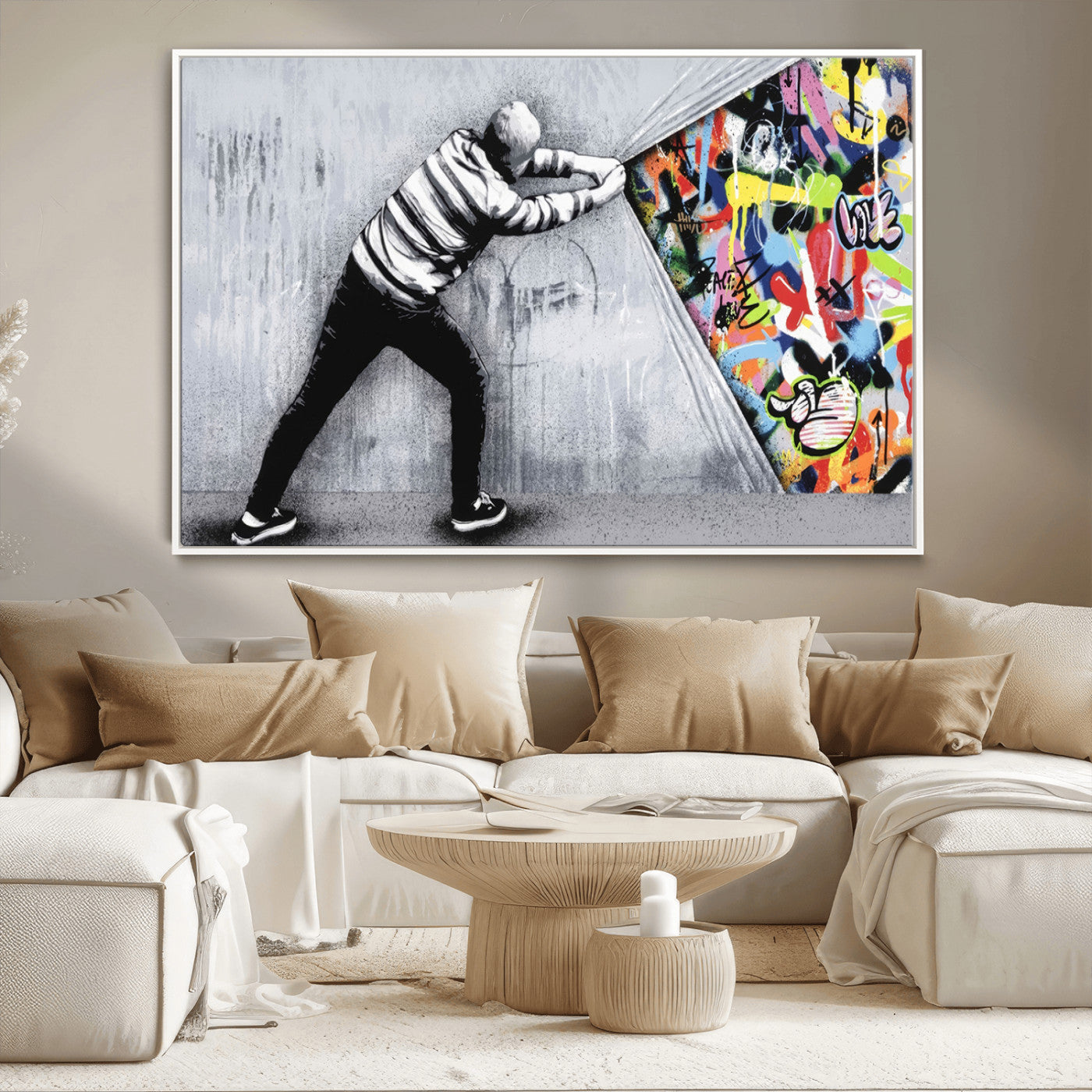 52252-MGV-CV-36X24-Banksy Art Behind the Curtain Street Wall Art Canvas Print | 3-Panel Urban Graffiti-Inspired Wall