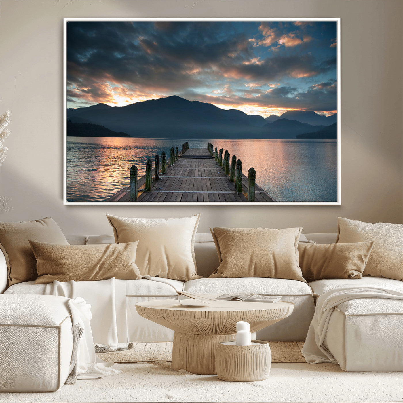 -Mountain Lake Wood Pier Canvas Wall Art Nature Lake Print