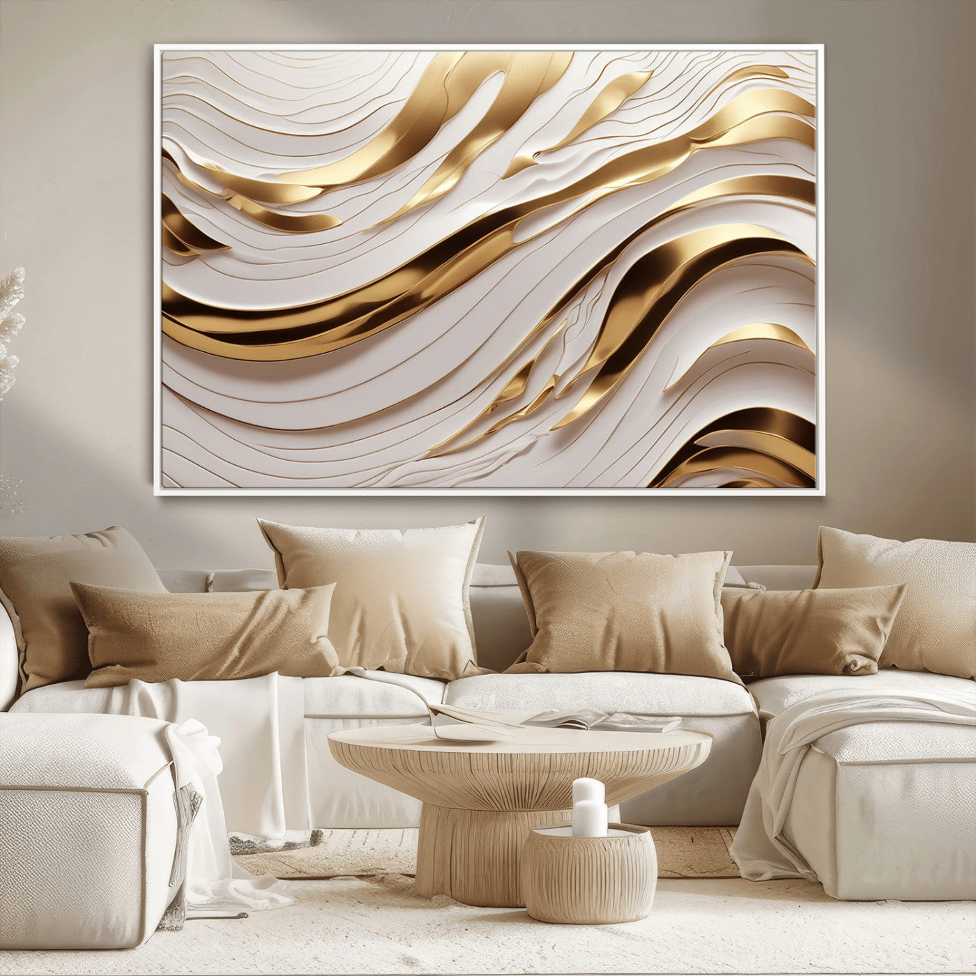 81197-MGV-CV-36X24-Gold and White Abstract Wave Canvas – Elegant Flowing Design with Luxurious Golden Accents –
