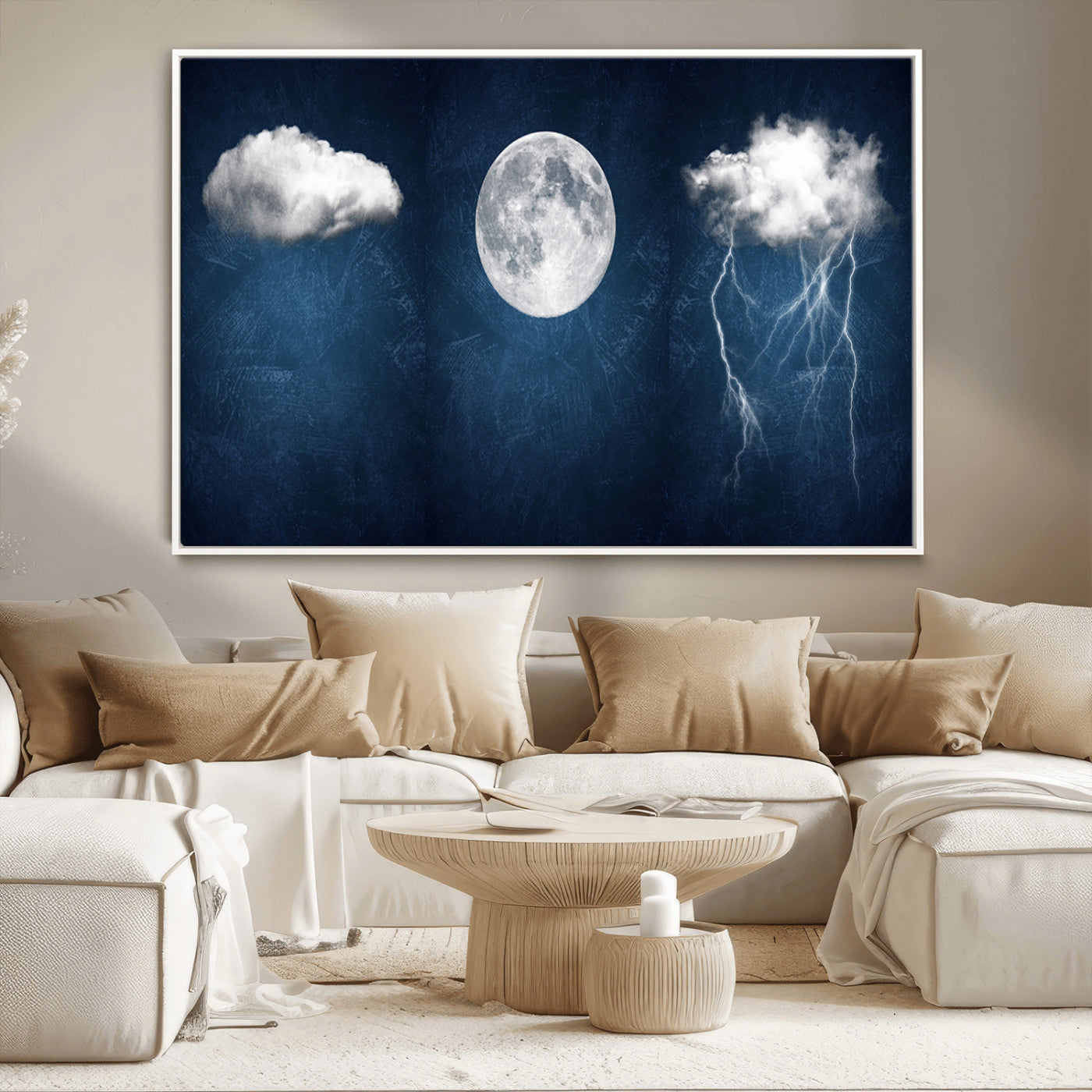 96569-MGV-CV-36X24-Dark Blue Cloud Art, 3 Piece Indigo Blue Wall Art, Aesthetic Surreal Art, Thunderstorm Moon Cloud