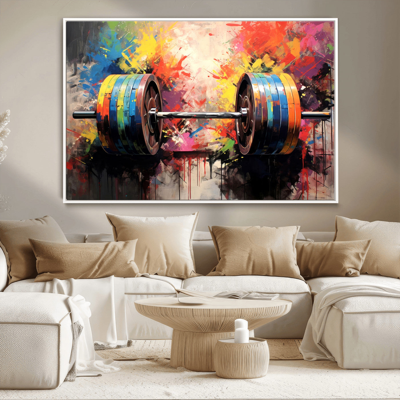 80436-MGV-CV-36X24-Weightlifting Barbell Art Triptych, Bold Abstract Fitness Wall Decor for Gym or Home, Giclee Canvas