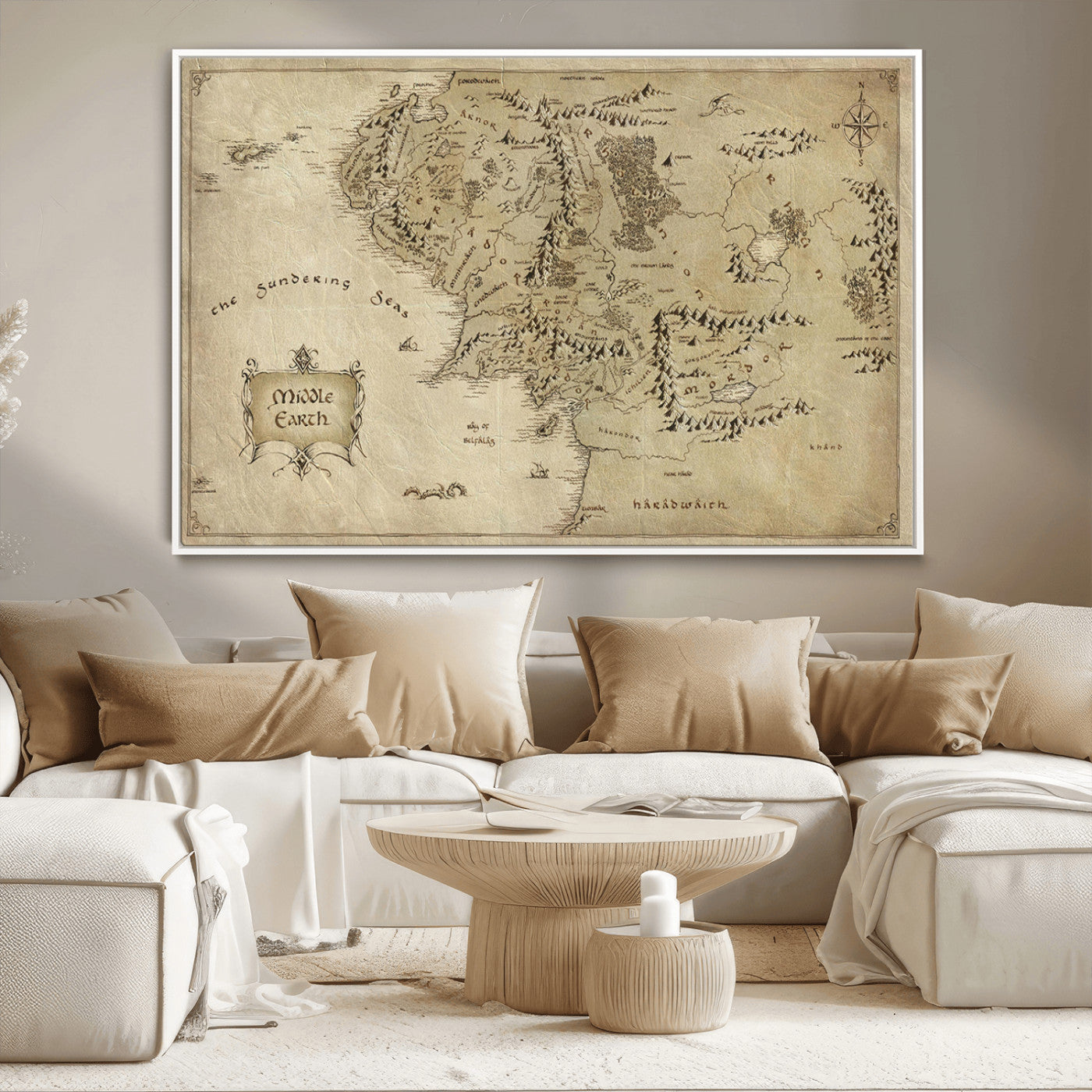 21784-MGV-CV-36X24-Vintage Middle Earth Map Wall Art Canvas – Lord of the Rings Inspired Framed Map Print, Classic Fantasy Decor for Home, Office