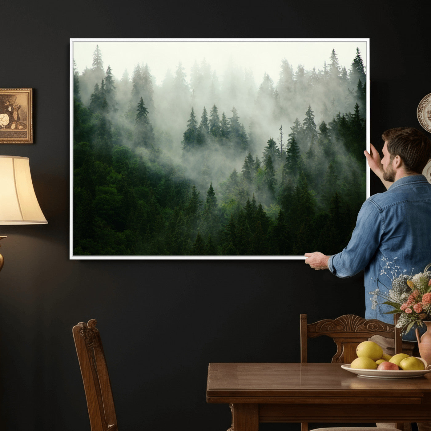 167720496-MGV-CV-36X24 - Misty Forest Mountain Wall Art Canvas | Large 3-Panel Foggy Landscape Canvas Print | Nature Misty