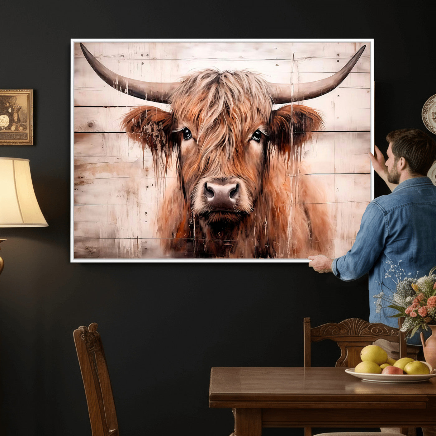93730-MGV-CV-36X24 - Vintage Scottish Highland Cow Cattle Art Print Farmhouse Wall Art Canvas Print