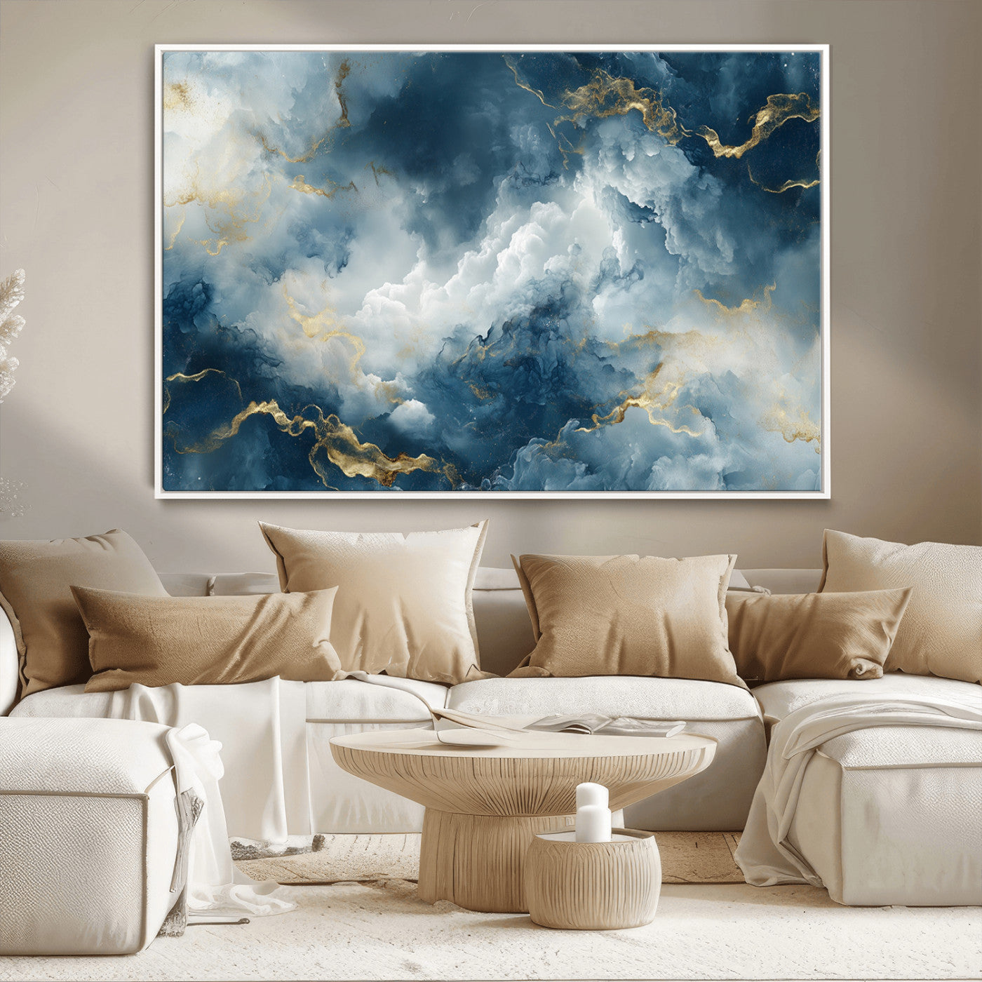 48298-MGV-CV-36X24-Large Abstract Print - Luxe Blue and Gold Abstract Canvas Wall Art - Bold Cloudscape Canvas for