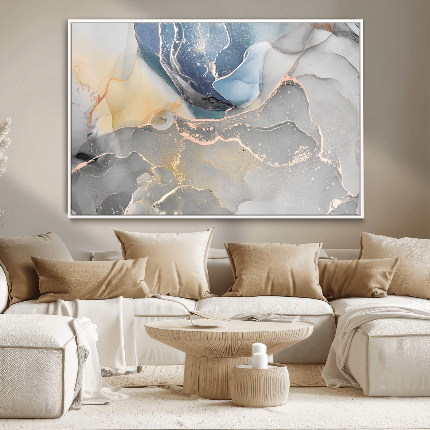 18176-MGV-CV-36X24-Large Abstract Blue and Gold Canvas Wall Art | Fluid Ink Artwork Print | Luxury Wall Decor for