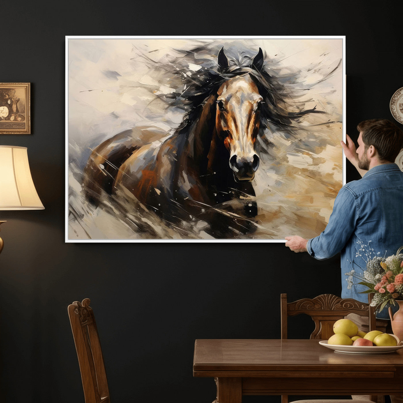 53001-MGV-CV-36X24 - Abstract Wall Art Horse Print - Large Western Horse Canvas - Farmhouse Woodland Wall Art - Framed