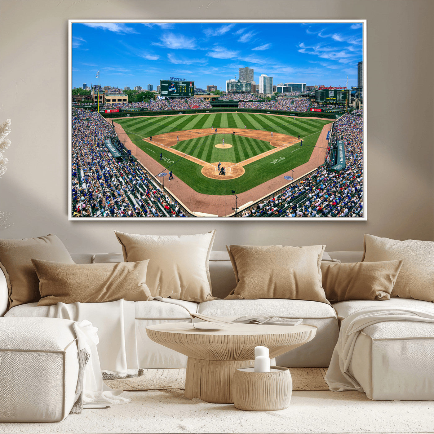 26064-MGV-CV-36X24-Wrigley Field Chicago Cubs Wall Art Canvas Print Framed Panoramic Multi-Piece Iconic Baseball Stadium Artwork for Home, Office