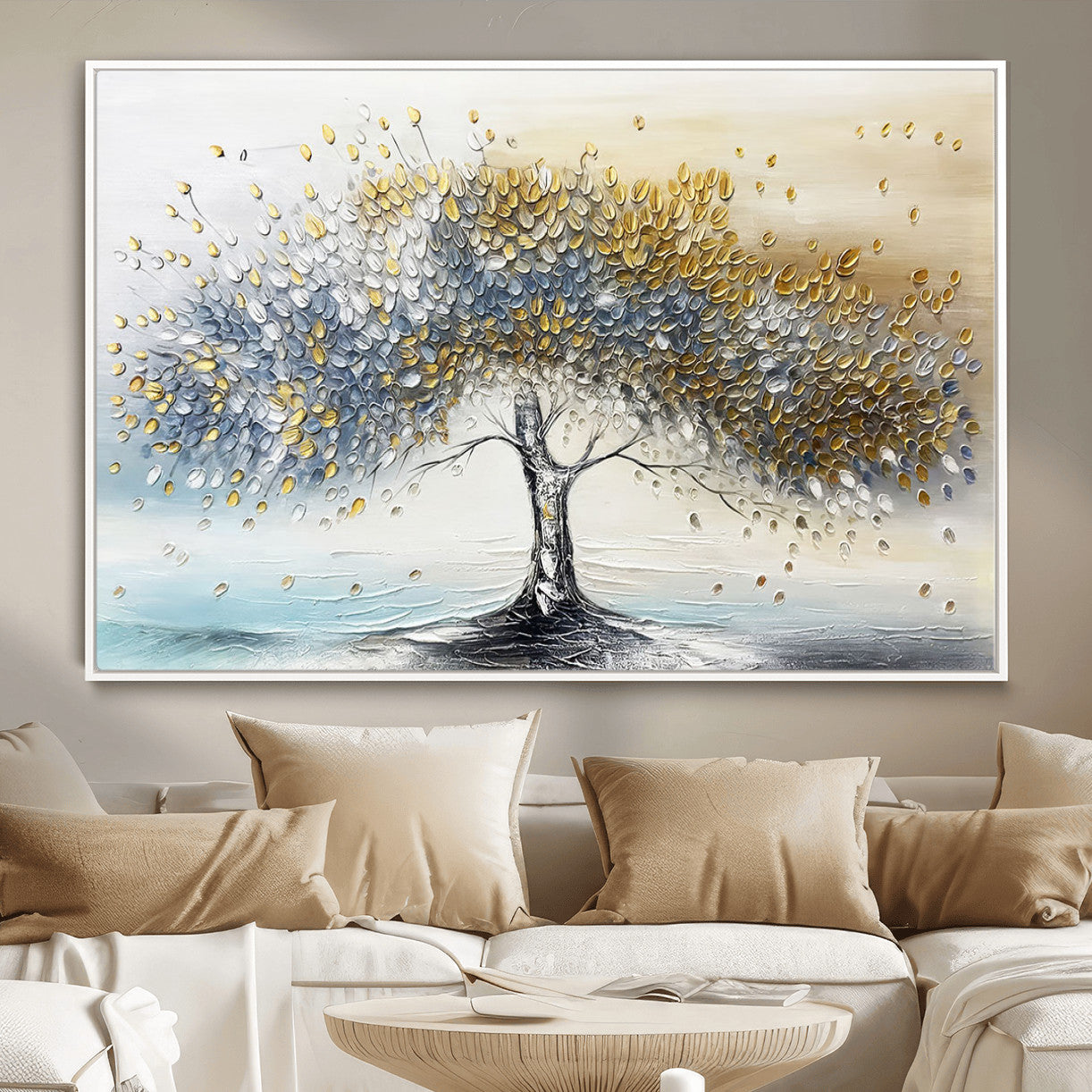 MGV-FC-36X24 - Golden & Silver Tree of Life Wall Art – Canvas Print with Whimsical Leaves Elegant Nature Design, Decorative Home, Office or Guest Room Decor