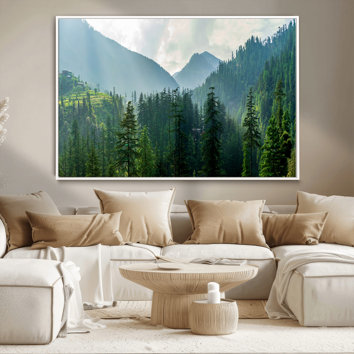 83417191-MGV-CV-36X24-Misty Forest Mountain Wall Art Canvas Print – Framed Serene Nature Scene with Tranquil Valley Artwork for Home, Office