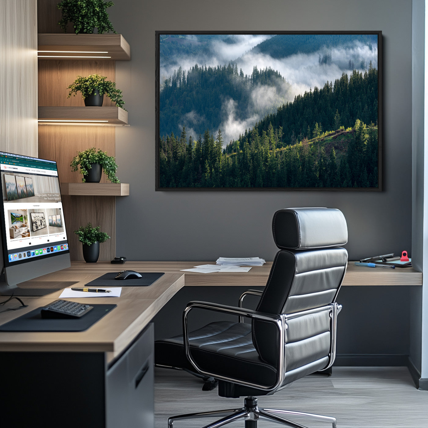 84598503-MGV-CV-36X24-Misty Forest Wall Art Canvas Print – Pine Hills Foggy Woodland Moody Atmosphere Nature Artwork for Home Office