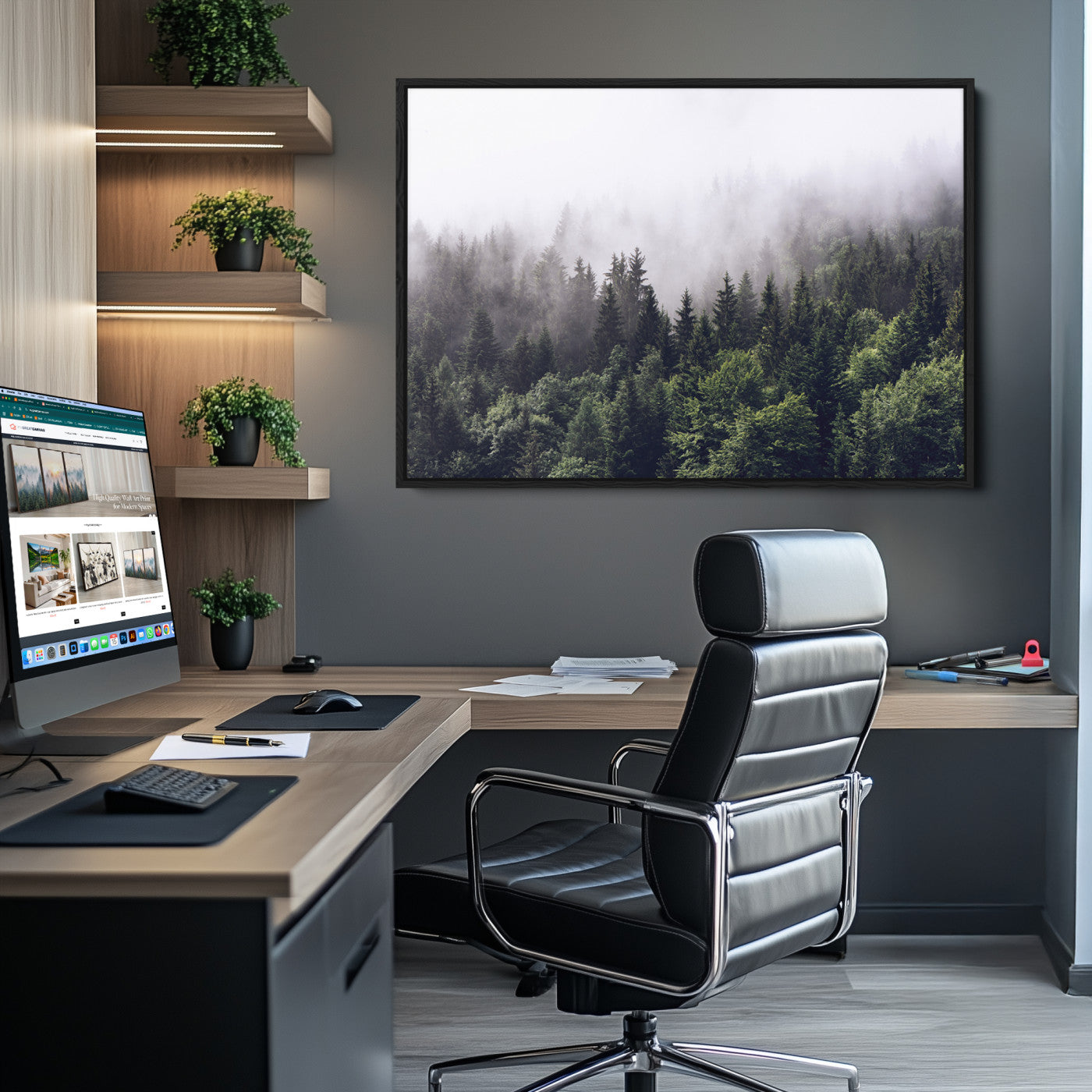 62890402-MGV-CV-36X24-Misty Forest Wall Art Canvas Print – Foggy Pines Pine Valley Moody Landscape Nature Artwork for Home Office