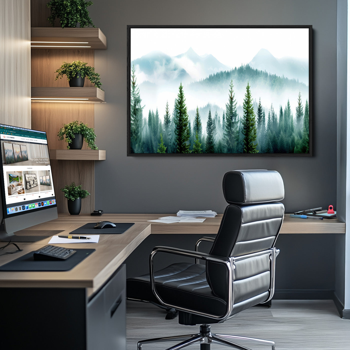 16716676-MGV-CV-36X24-Pine Forest Wall Art Canvas Print – Misty Mountains Foggy Trees Serene Woodland Nature Artwork for Home Office