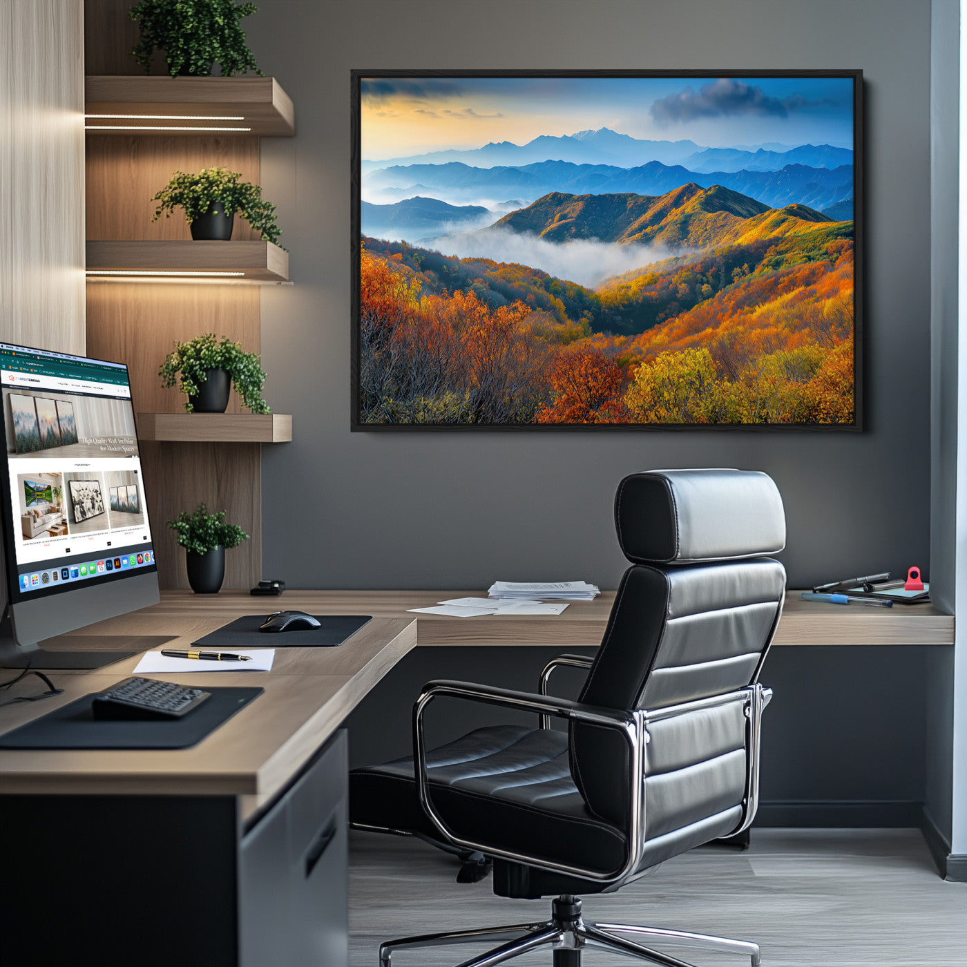 -Autumn Mountains Wall Art Canvas Print, Autumn Mountain Foggy Landscape Wall Art Canvas Print,