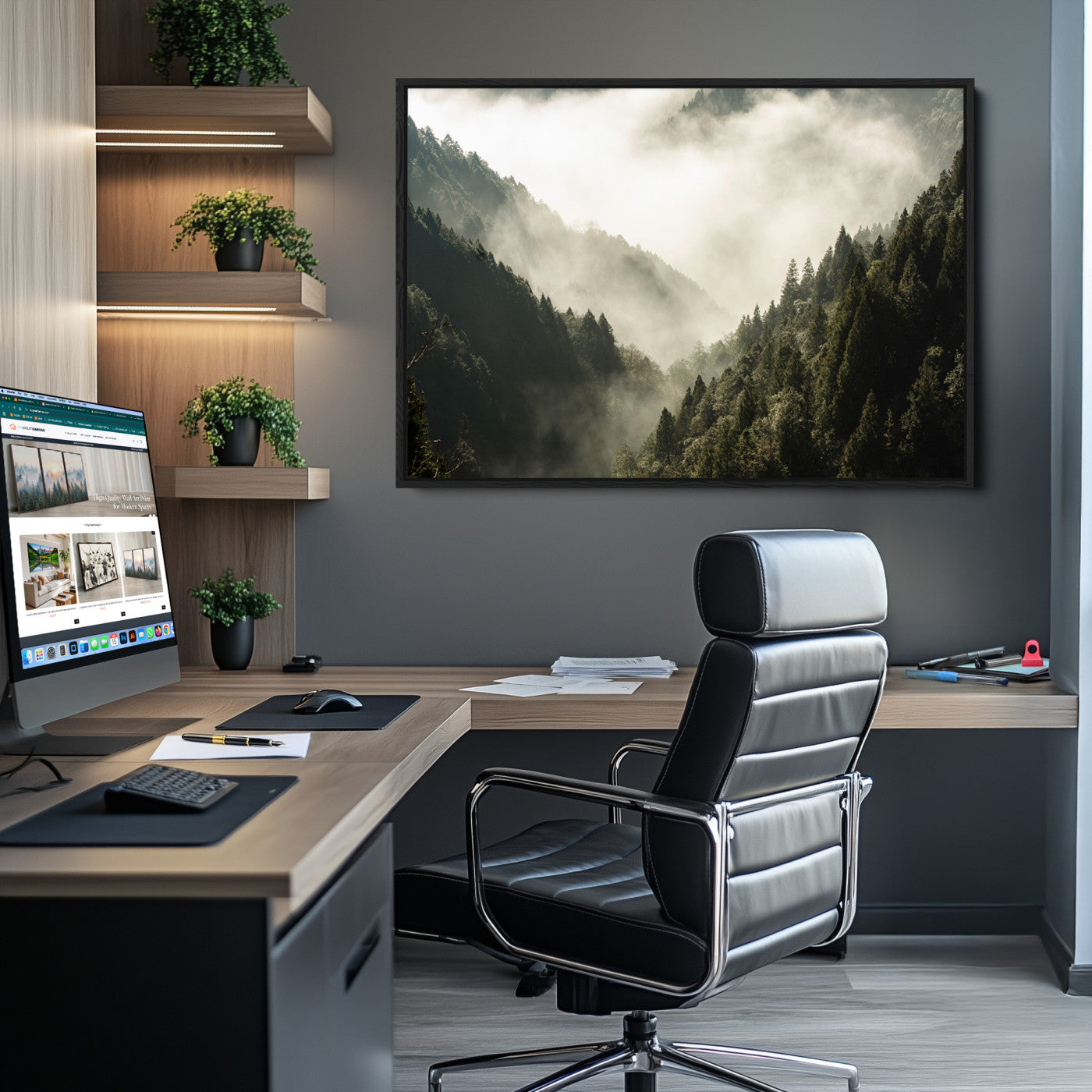 57570237-MGV-CV-36X24-Misty Valley Wall Art Canvas Print – Foggy Forest Pine Trees Serene Woodland Landscape Artwork for Home Office