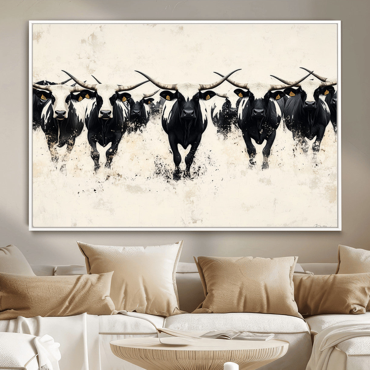 MGV-FC-36X24 - Longhorn Cattle Wall Art – Canvas Print of Herd in Motion, Symmetry and Ink Splatter, Minimalist Western Ranch, Bold Rustic Farm Decor