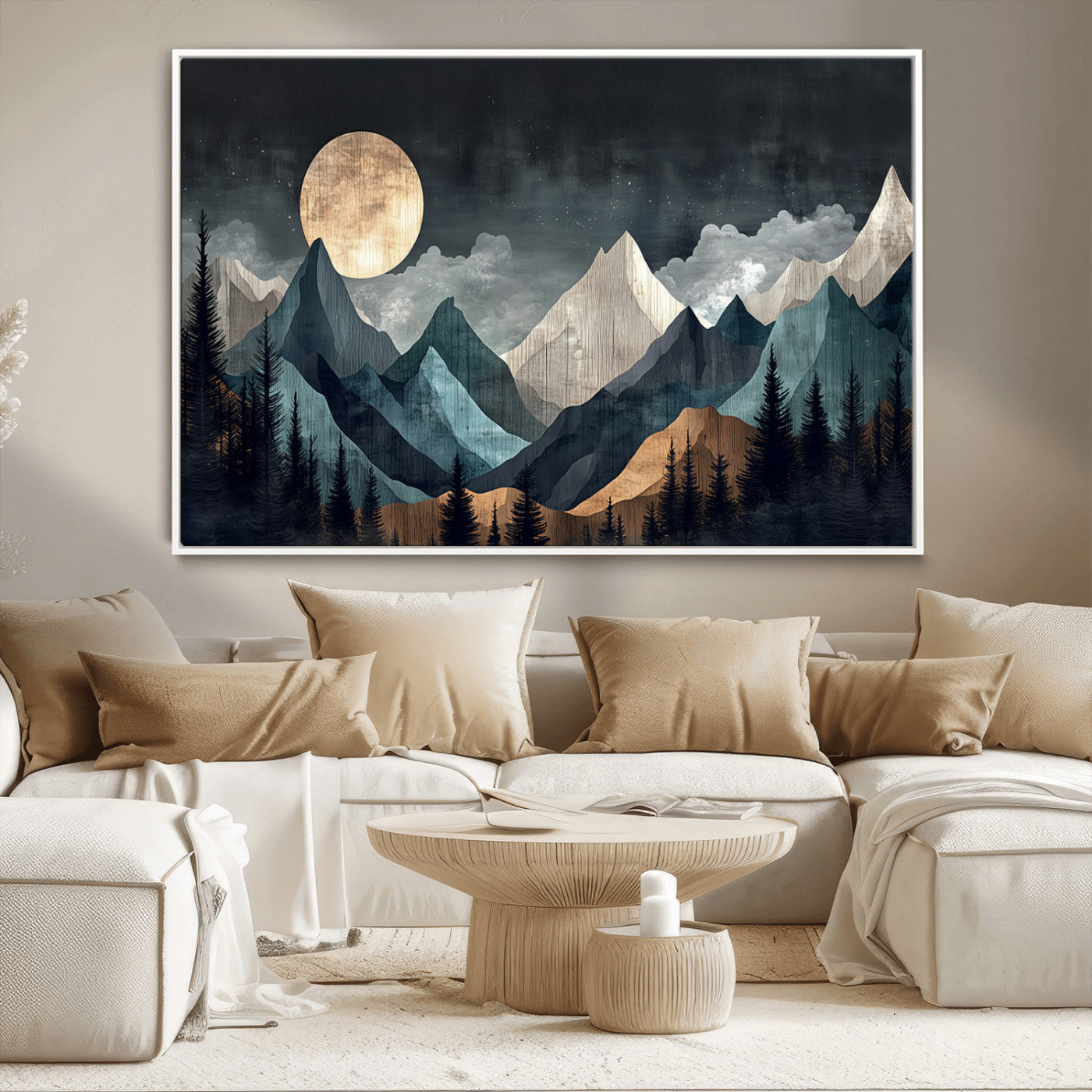11060882-MGV-CV-36X24-Moonlit Mountain Wall Art Canvas Print – Silhouetted Pines Layered Peaks Tranquil Sky Mist Silver Light Nature Artwork for Home