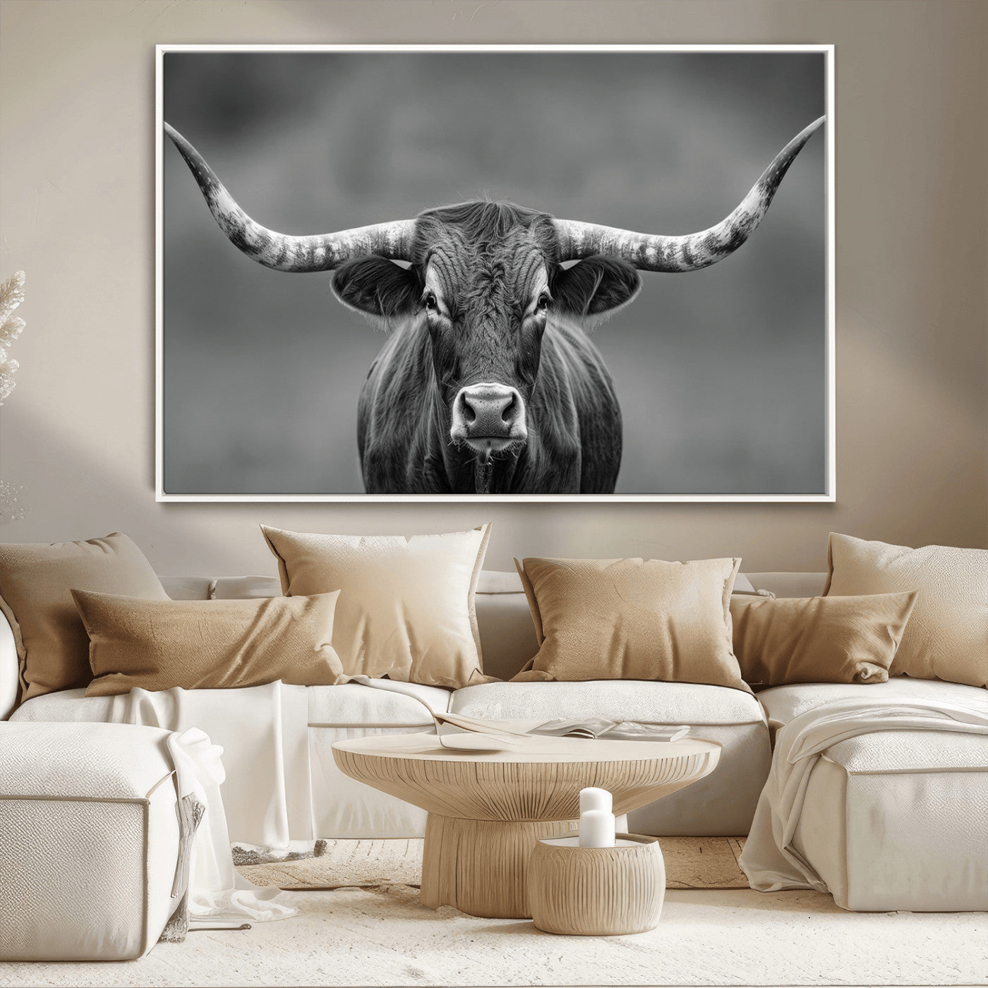 81228550-MGV-CV-36X24-Texas Longhorn Wall Art Canvas Print – Framed Western Bull Ranch Photography Rustic Country Farm Decor Artwork for home, office