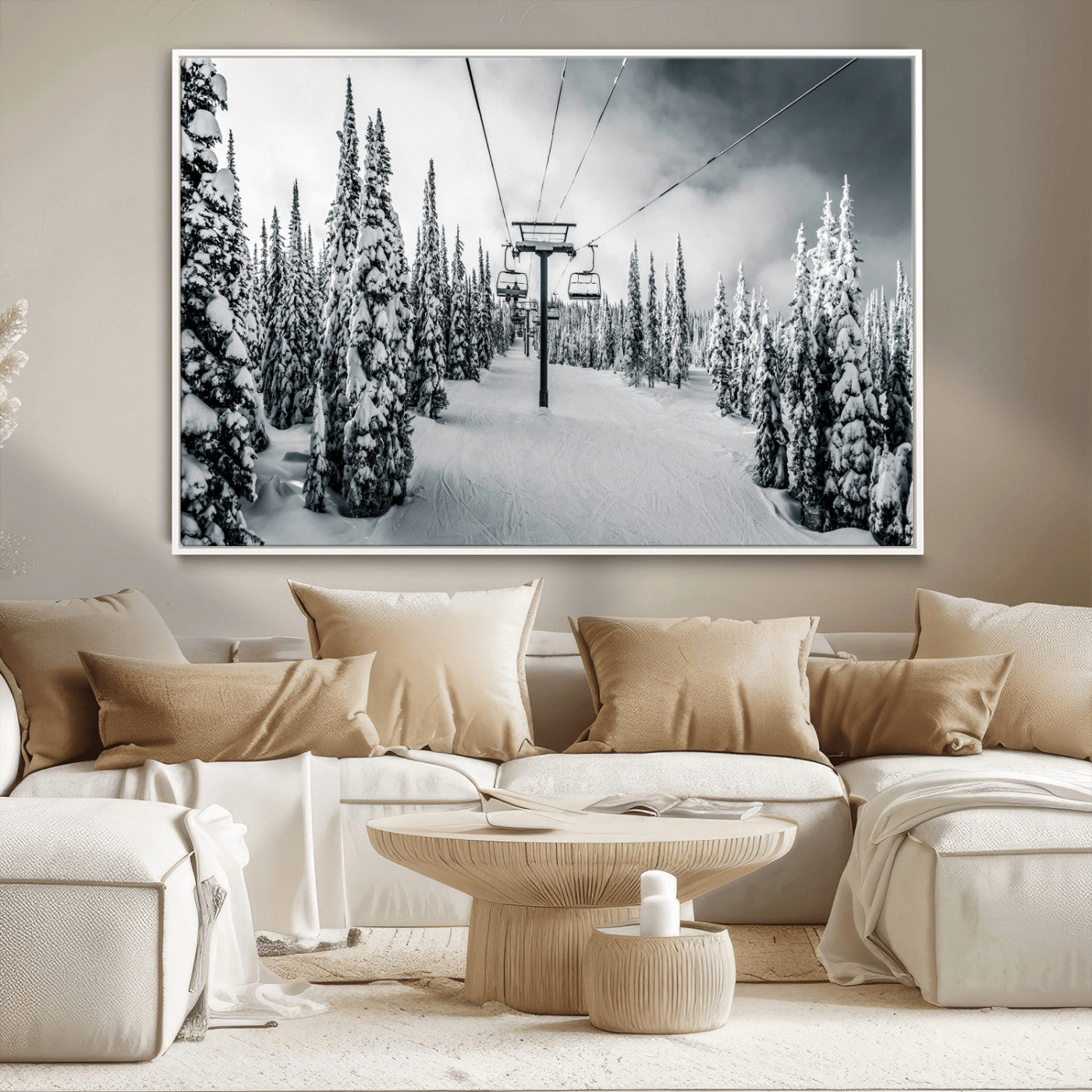 31156828-MGV-CV-36X24-Snowy Pines Wall Art Canvas Print – Framed Ski Lift Winter Forest Snowy Landscape Moody Lodge Artwork for Home, Office