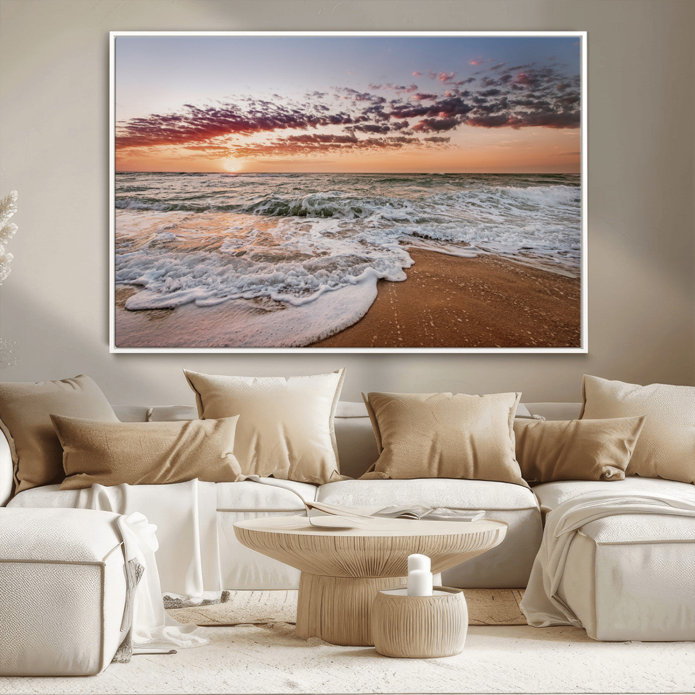 39846389-MGV-CV-36X24-Ocean Sunset Wall Art Canvas Print – Framed Sandy Shore Gentle Waves Coastal Landscape Minimalist Artwork for Home, Office