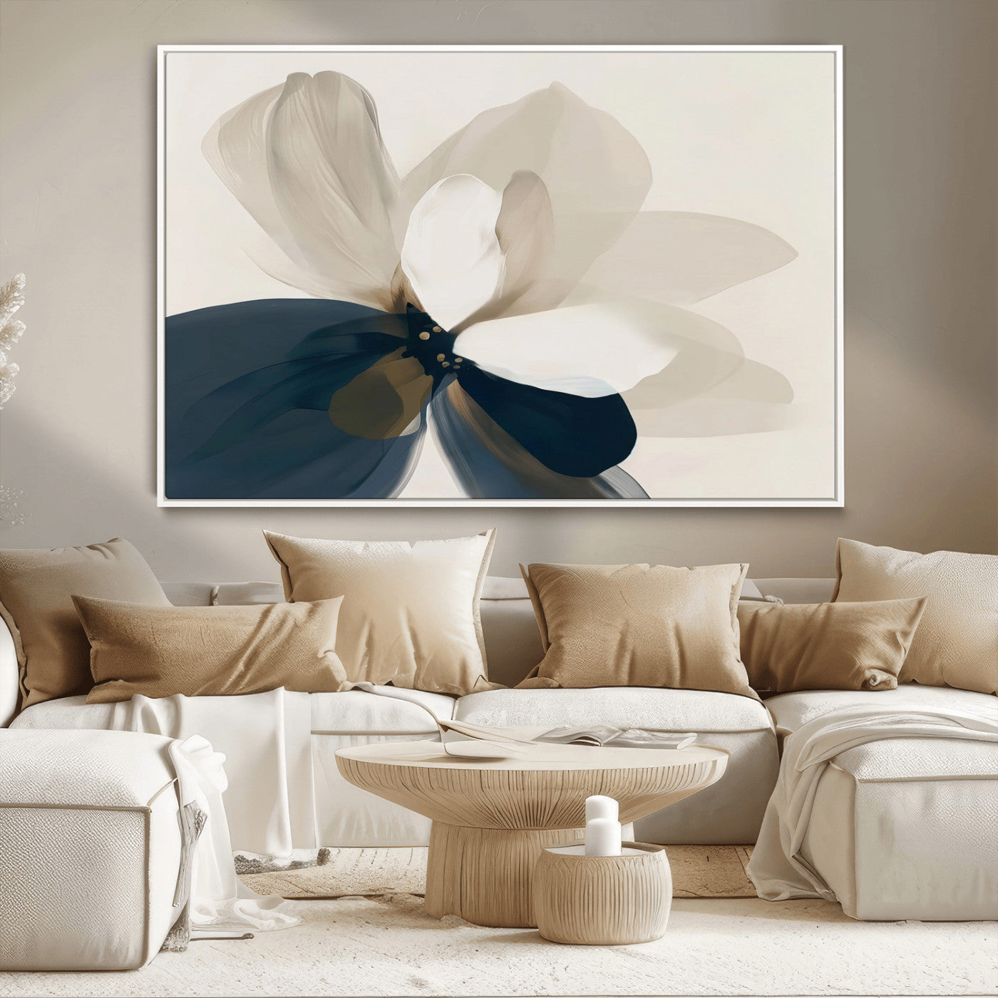 -Minimal Flower Wall Art Canvas Print, Framed Flower Drawing Art Picture Print, Beige Bloom Perfect Modern Botanical Decor Artwork
