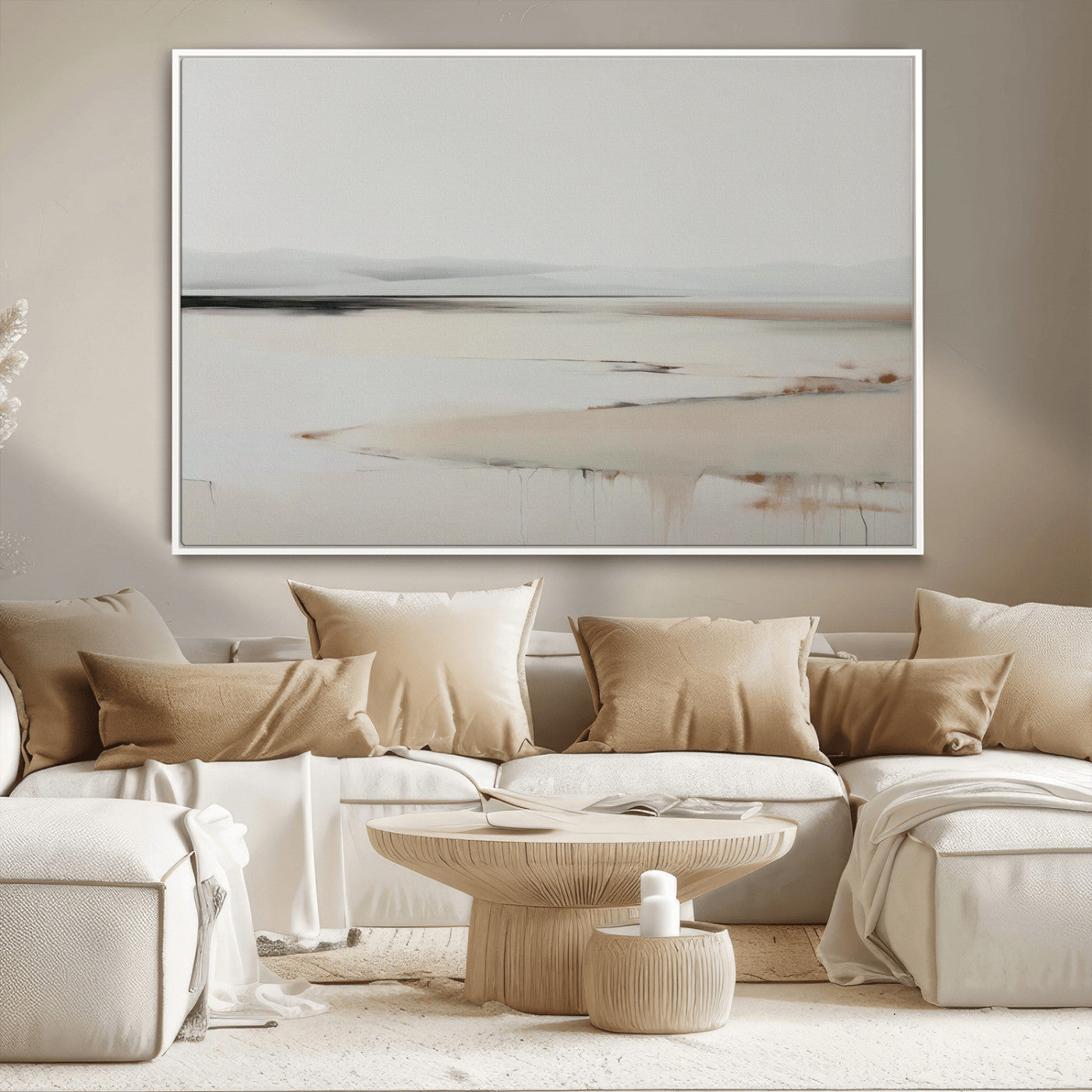 89410095-MGV-CV-36X24-Minimalist Landscape Wall Art Canvas Print – Framed Soft Horizon Abstract Seascape Earthy Tones Artwork for Home Office