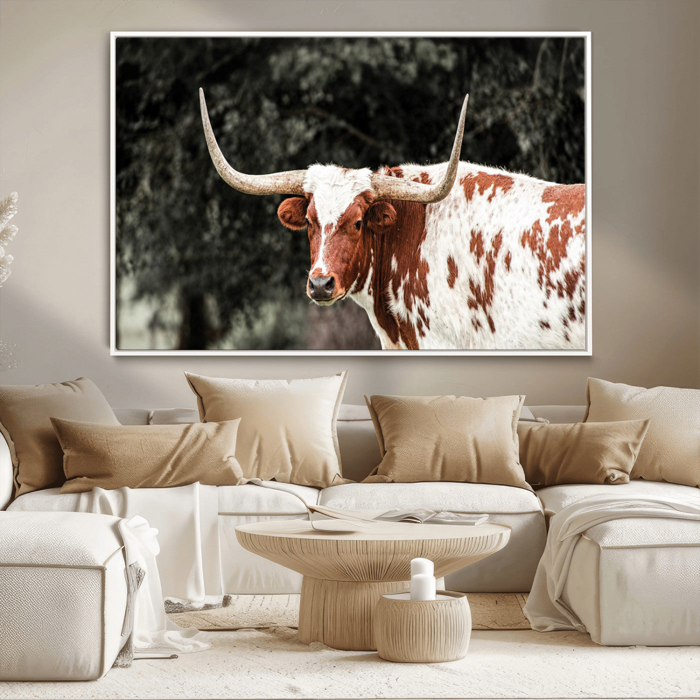 -Texas Longhorn Wall Art Canvas Print, Framed Spotted Cow Art Picture Print, Horned Bull Perfect Rustic Western Decor Artwork