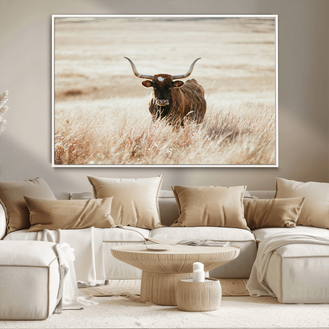 -Texas Longhorn Wall Art Canvas Print, Framed Brown Cattle Art Picture Print, Horned Bull Perfect Rustic Western Decor Artwork