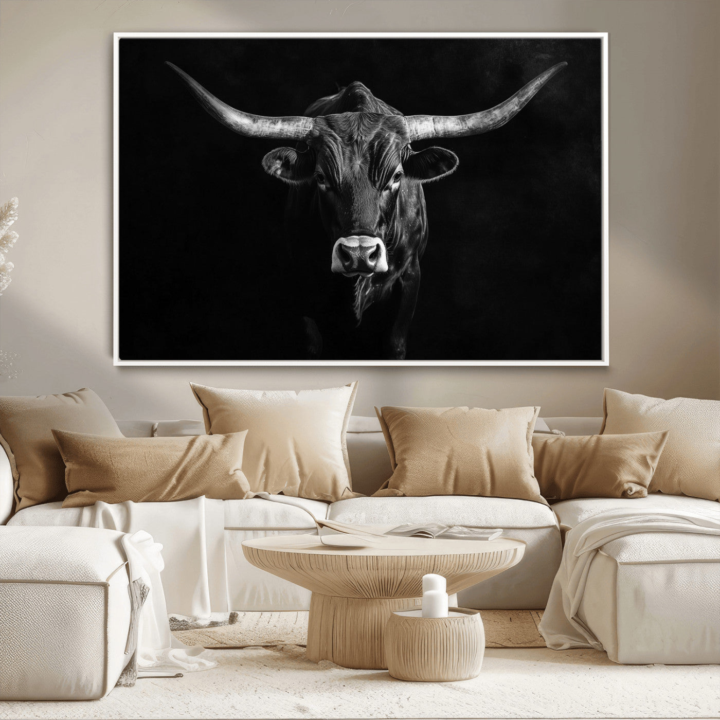 -Texas Longhorn Wall Art Canvas Print, Framed Monochrome Bull Art Picture Print, Horned Bull Perfect Rustic Western Decor Artwork