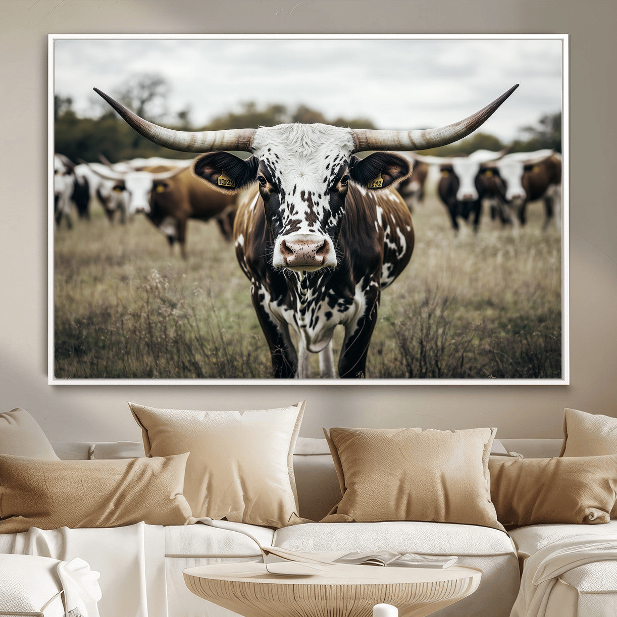 MGV-FC-36X24 - Majestic Longhorn Cow Wall Art – Canvas Print of Intricate Fur & Sharp Horns Earthy Tones Serene Landscape, Rustic Charm Decor for Living Room, Office or Bedroom