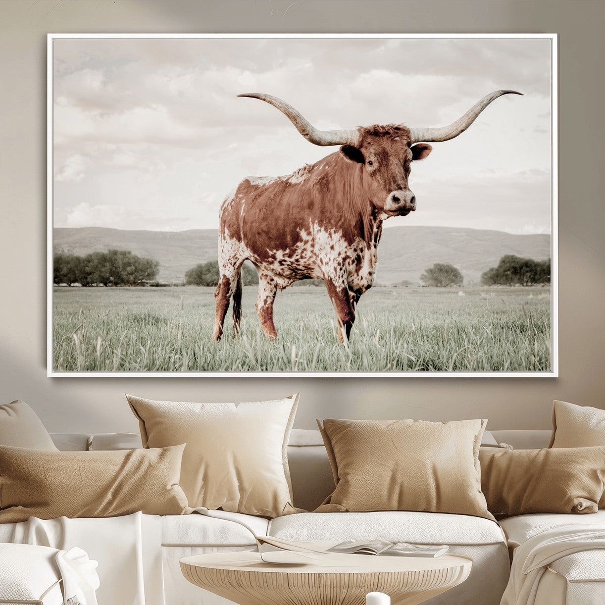 MGV-FC-36X24 - Texas Longhorn Wall Art Canvas Print, Framed Spotted Cattle Art Picture Print, Horned Bull Perfect Rustic Western Decor Artwork