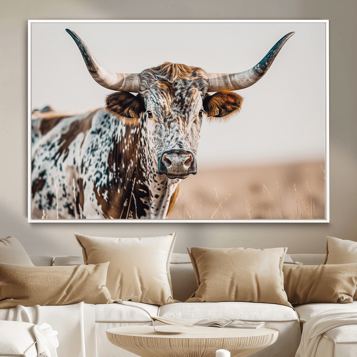 70414966-MGV-FC-36X24 - Majestic Longhorn Wall Art – Canvas Print of Strong Stance Intricate Fur & Sharp Horns Rustic Elegance & Timeless Wild Beauty Decor for Living Room, Office or Bedroom