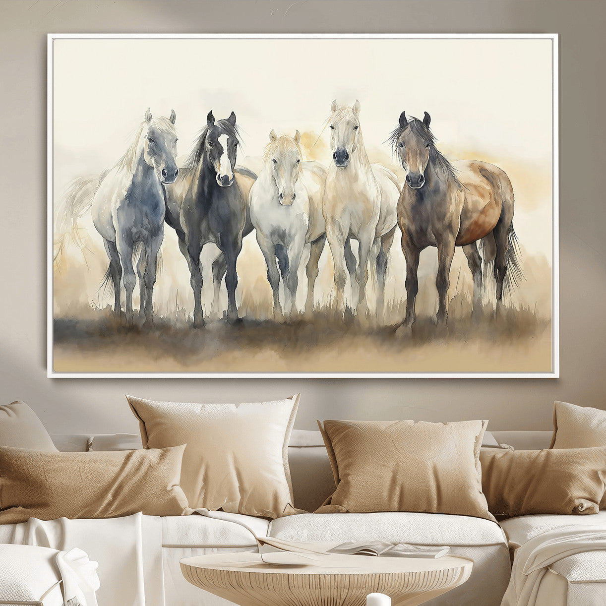 MGV-FC-36X24 - Wild Horses Wall Art Canvas Print, Framed Running Horses Art Picture Print, Watercolor Horses Perfect Rustic Western Decor Artwork