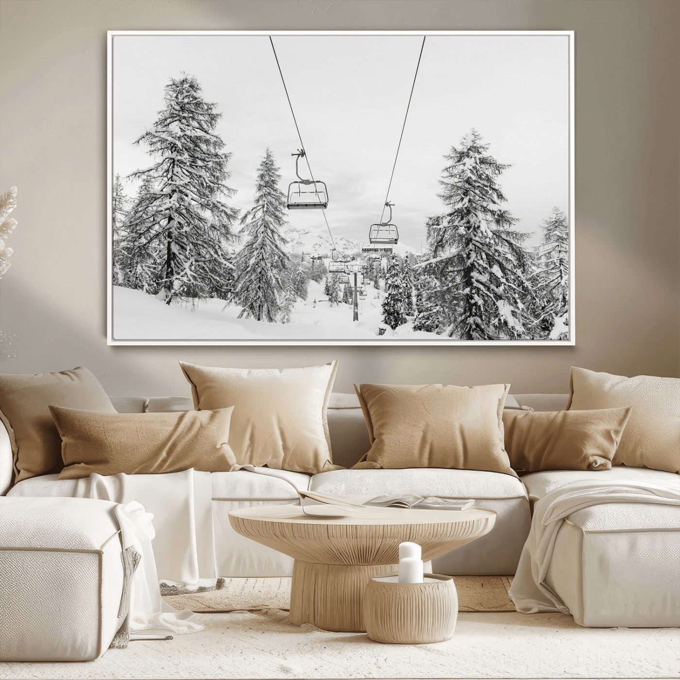 55003599-MGV-CV-36X24-Ski Lift Wall Art – Framed Snowy Mountain Canvas Artwork, Winter Forest Design, Minimal Nature Decor for Home, Office