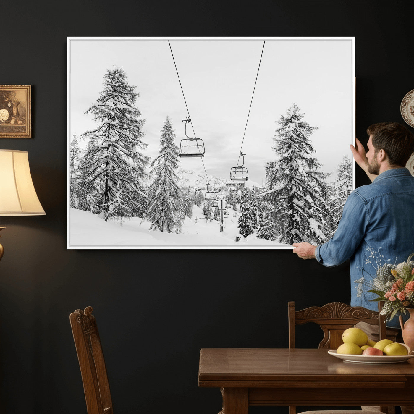 55003599-MGV-CV-36X24 - Snowy Ski Lift Wall Art – Framed Winter Forest Canvas Artwork, Peaceful Mountain Design, Modern Nature Decor for Home, Office