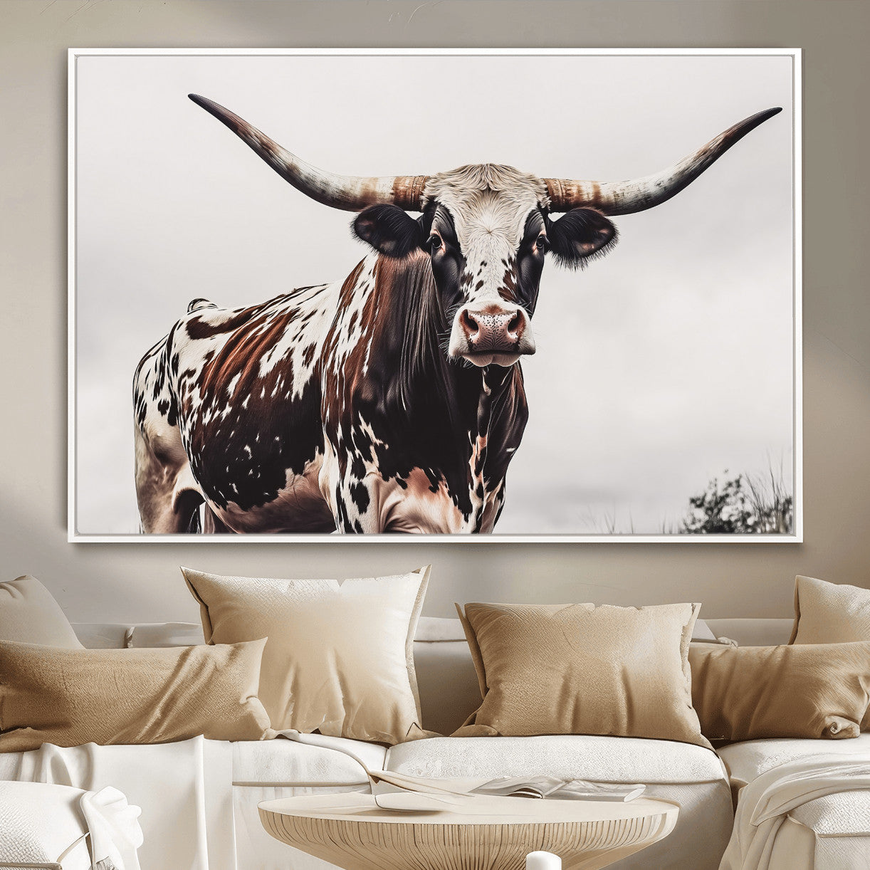MGV-FC-36X24 - Texas Longhorn Wall Art Canvas Print, Framed Spotted Bull Art Picture Print, Horned Cattle Perfect Rustic Farmhouse Decor Artwork