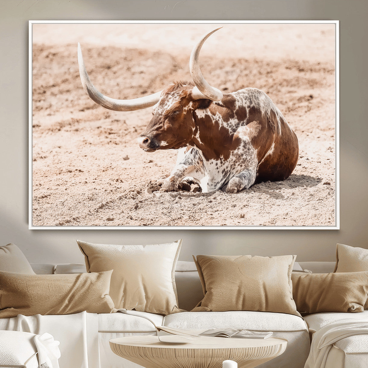 91248682-MGV-CV-36X24-Texas Longhorn Wall Art Canvas Print – Framed Resting Bull Scene with Spotted Cattle Artwork for Home, Office