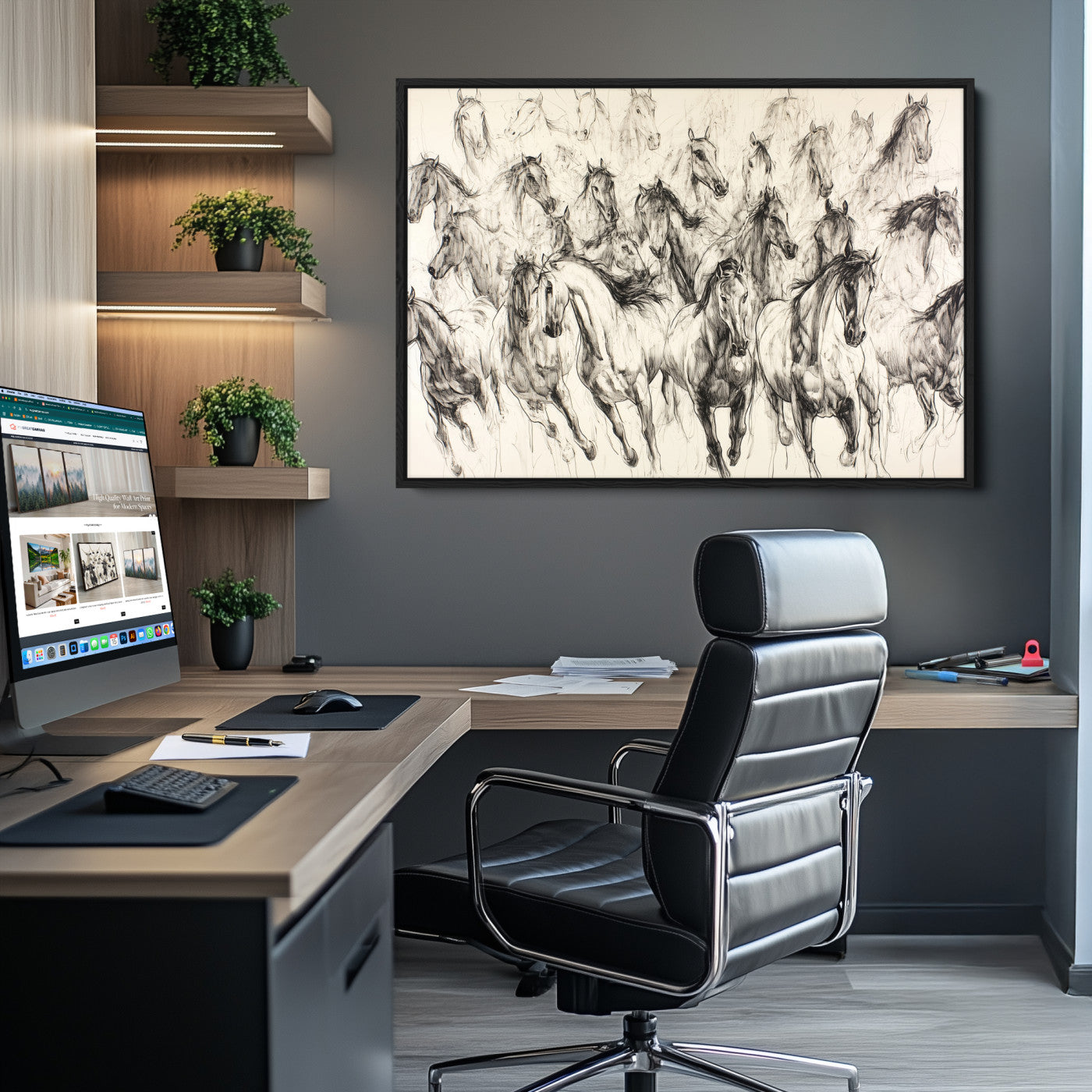 19433417-MGV-CV-36X24-Running Horses Wall Art Canvas Print – Framed Galloping Herd Dynamic Equestrian Sketch Nature Artwork for Home Office