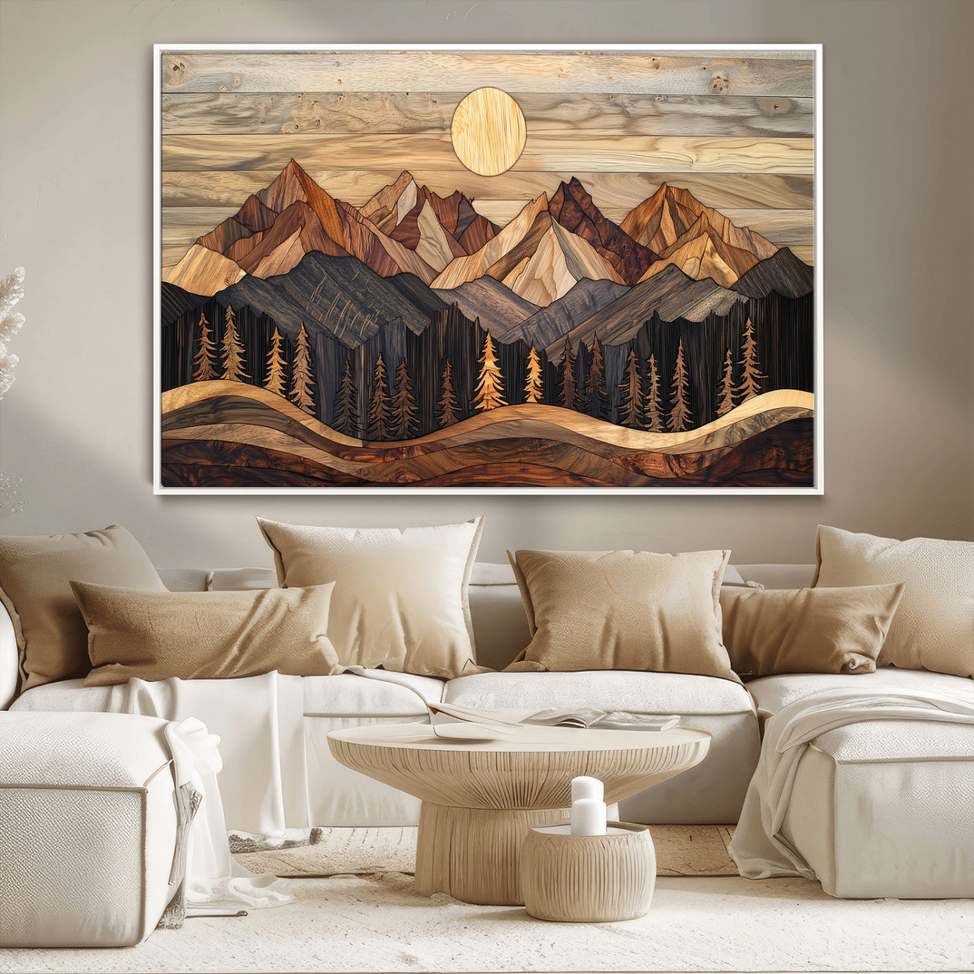 50100230-MGV-CV-36X24-Wood Mountain Wall Art Canvas Print – Framed Boho Abstract Woodland Rustic Farmhouse Geometric Artwork for Home Office