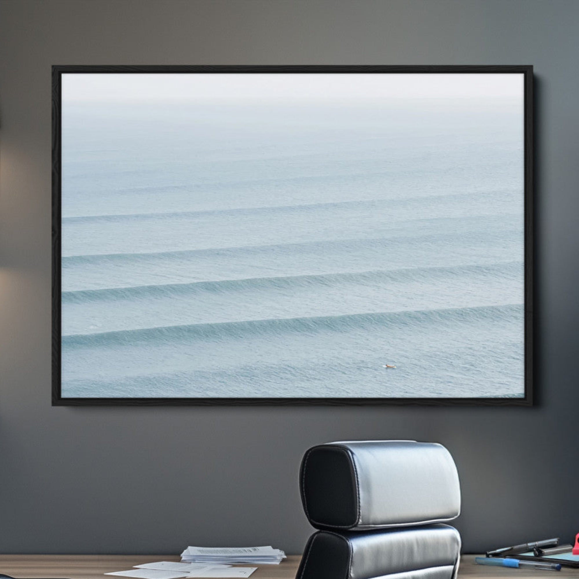47814787-MGV-CV-36X24-Ocean Waves Wall Art Canvas Print – Framed Solo Surfer Wave Lines Coastal Seascape Nature Artwork for Home Office