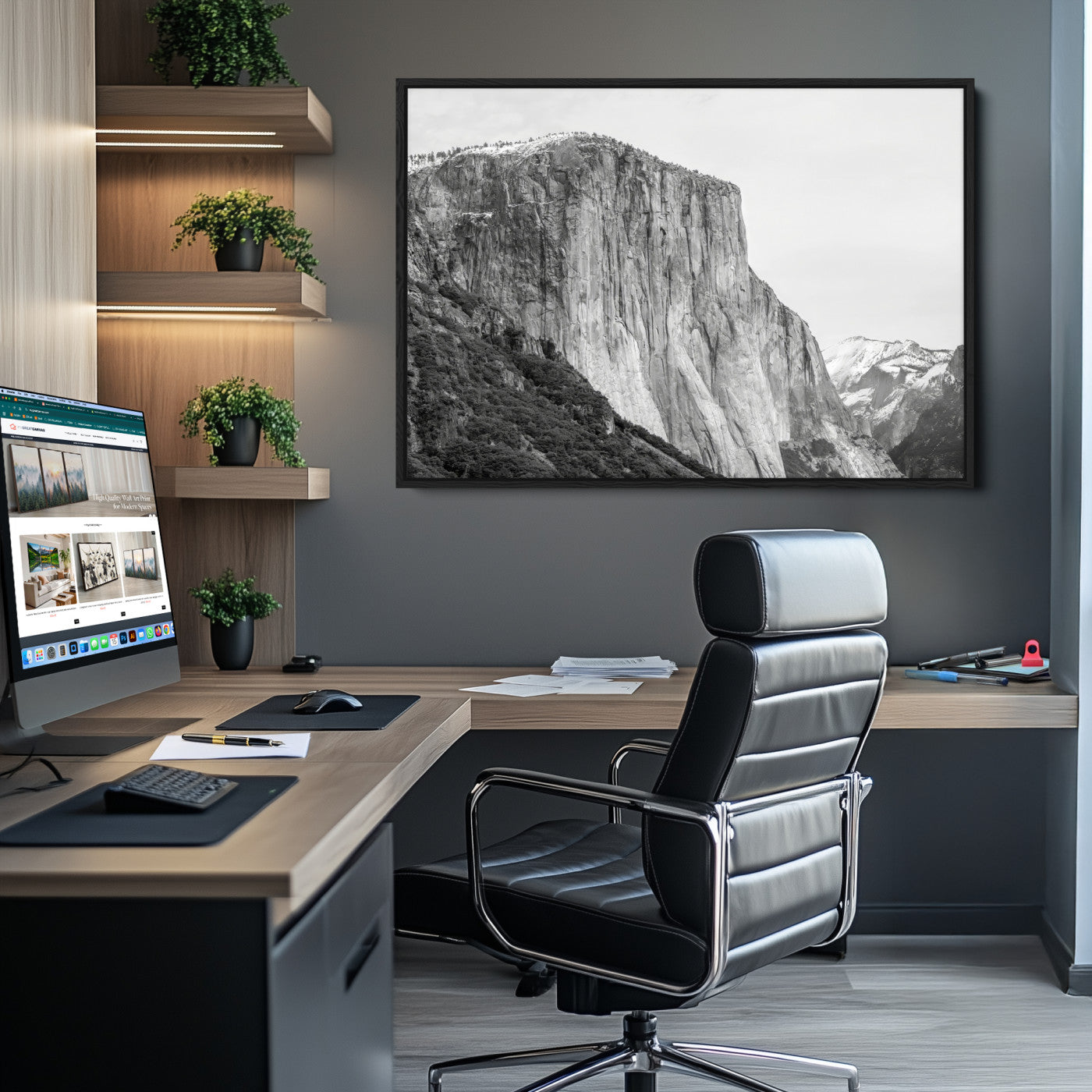 39393420-MGV-CV-36X24-El Capitan Wall Art Canvas Print – Framed Yosemite Cliff Monochrome Mountain Landscape Nature Artwork for Home Office