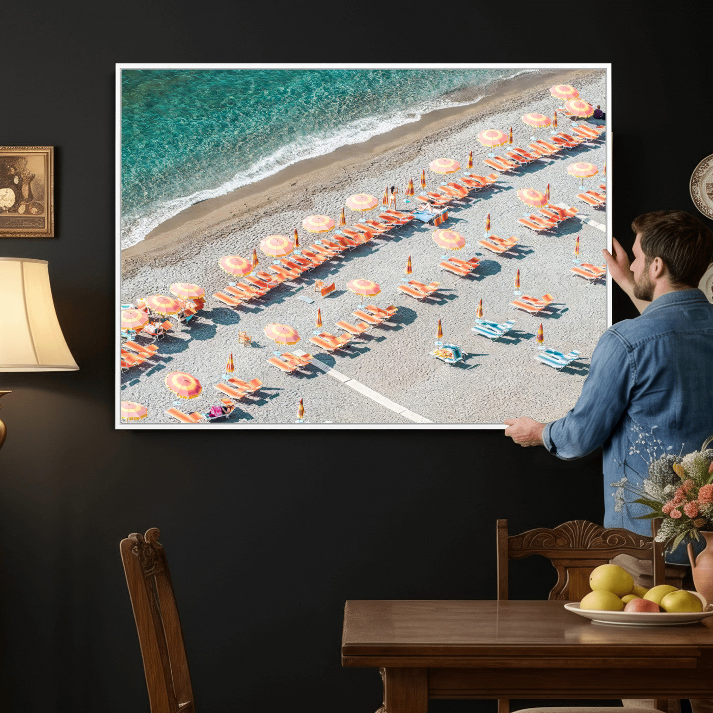 27805351-MGV-CV-36X24 - Beach Umbrellas Wall Art – Orange Loungers & Turquoise Water Canvas Print, Sandy Shore and Summer Vibes