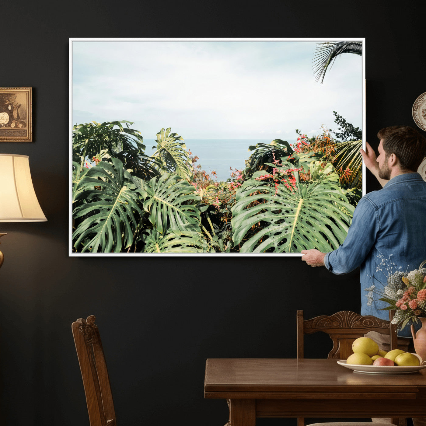 45700479-MGV-CV-36X24 - Tropical Greenery Wall Art – Exotic Leaves & Ocean View Canvas Print, Sunlit Paradise and Vibrant Nature for Living Room or Coastal Decor