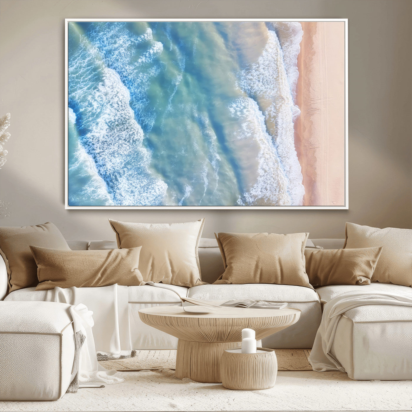 17641845-MGV-CV-36X24-Aerial Ocean View Wall Art Canvas Print – Framed Soft Blue Waves Sandy Shoreline Modern Coastal Artwork for Home Office