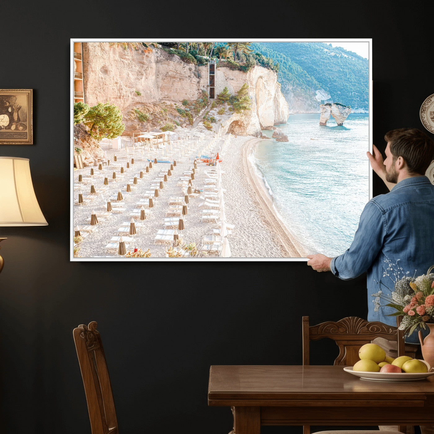 84816639-MGV-CV-36X24 - Sunny Beach Wall Art – Chairs & Umbrellas Canvas Print, Clear Water, Rocky Cliffs, Coastal Calm for Living Room or Vacation Home Decor