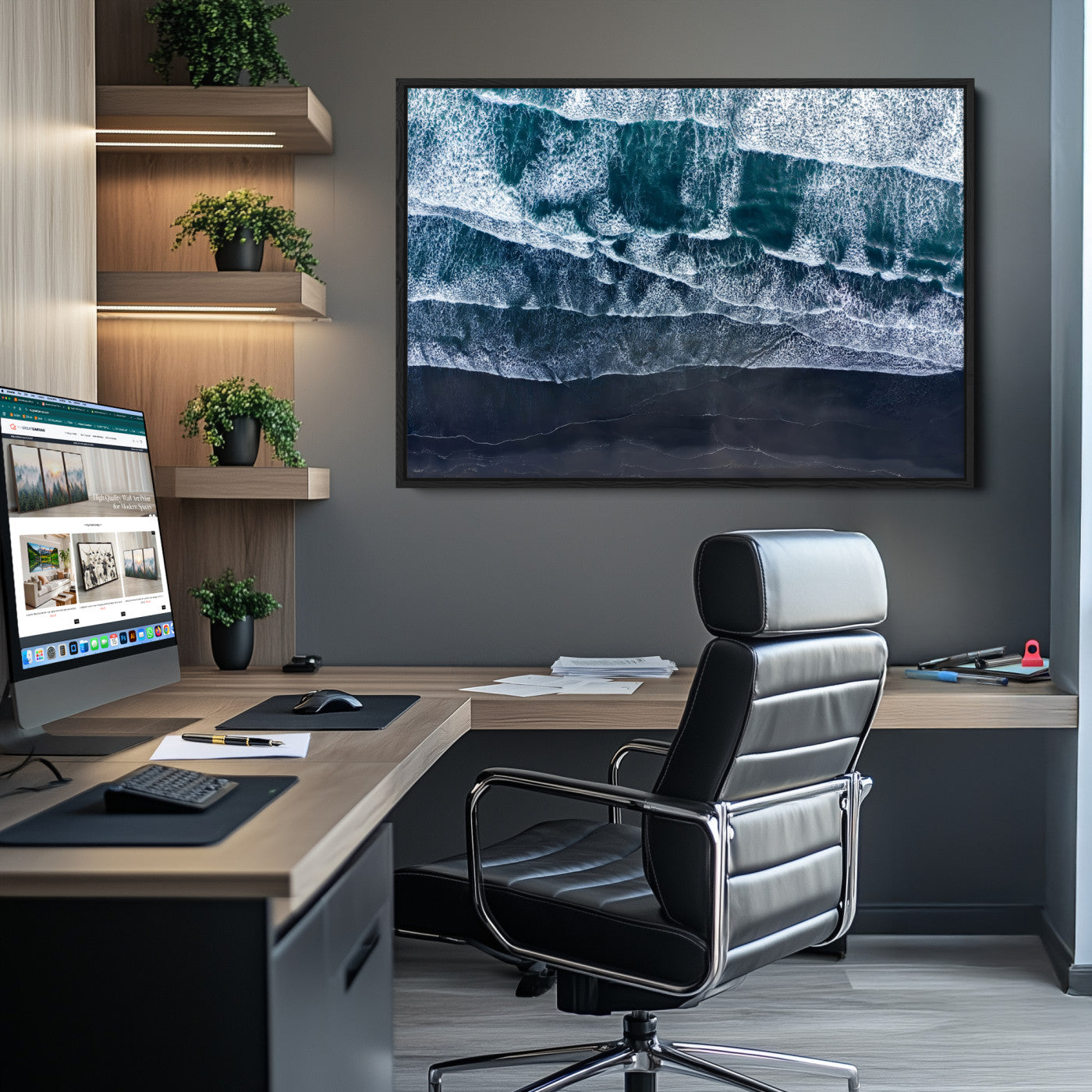 87941475-MGV-CV-36X24-Black Beach Wall Art Canvas Print – Framed Aerial Ocean View Moody Coastal Seascape Nature Artwork for Home Office