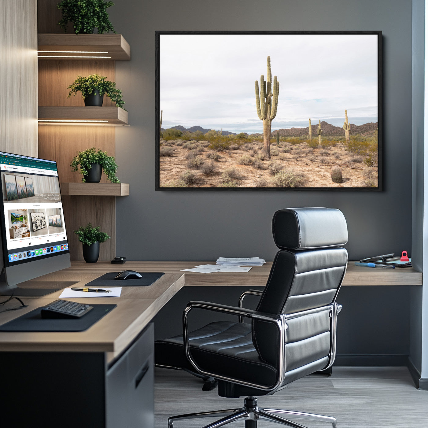 -Saguaro Cactus Wall Art Canvas Print, Framed Desert Art Picture Print, Minimalism Perfect Boho