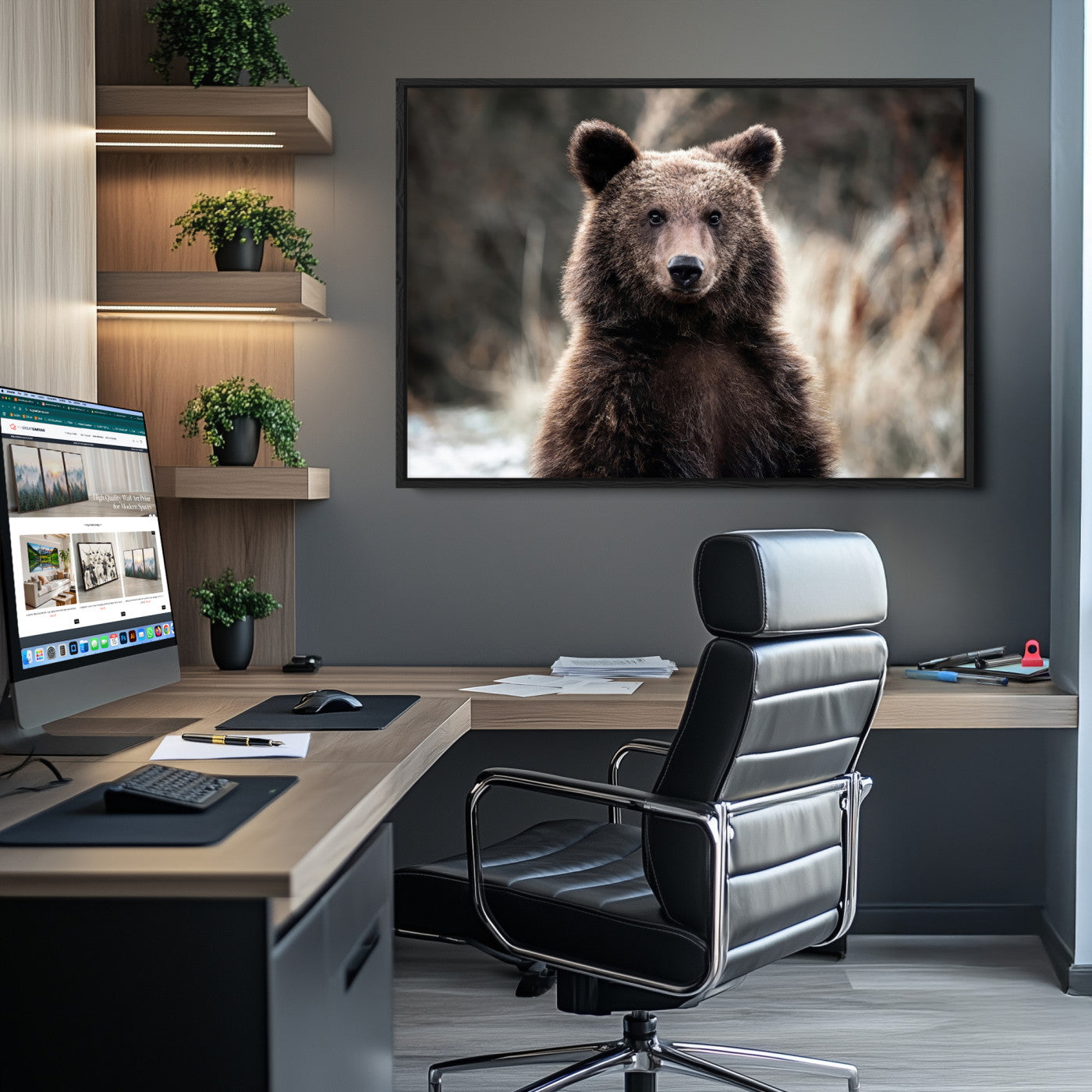 -Brown Bear Wall Art Canvas Print, Framed Wildlife Art Picture Print, Woodland Perfect Cabin Decor